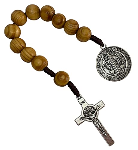 Treasure4U-Store Saint Benedict Medal Prayer Pocket Rosary Catholic Brown Wood Beads San Benito Tenner Open Style One Decade Rosary