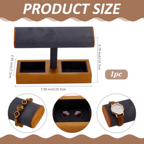 PH PandaHall 1pc Wood Watch Display Stand Jewelry Organizer with Velvet Tray Grid Grey T Shaped Bracelet Holder for Women Men Home Store Decor Christmas Birthday Gift Decoration