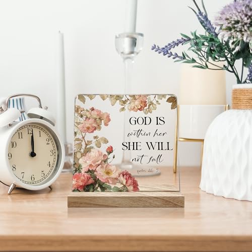 Inspirational Rustic Christian Desk Decor Gifts for Women, God is Within Her She Will Not Fall Motivational Gifts