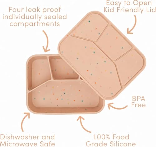 Kids Bento Box – Set of 2 Silicone Toddler Lunch Box with 4 Compartments, Snack Container for Kids, Baby Led Weaning Food Storage, BPA Free Lunchbox for Daycare, Preschool, School Lunch & Travel Pink/Beige