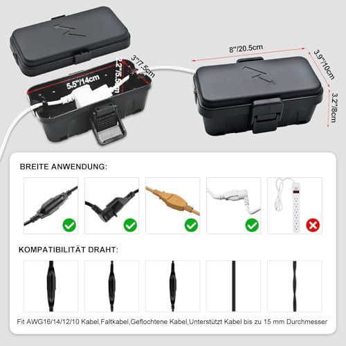 Hrensaw Small Weatherproof Electrical Connection Box (Inner Dimensions: 14 x 7.5 x 5.5 cm), IP54 Waterproof Cable Security Box for Protection of Timers, Extension Cables, Festive Lights, Black Klein 1