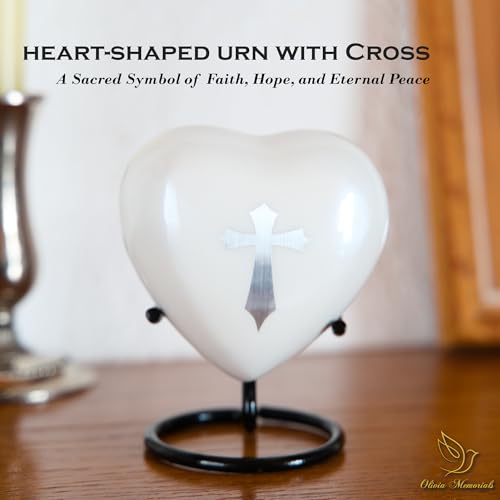 Small Urn for Ashes Keepsake for Women and Men - Religious Mini Heart Urns for Human Ashes Male or Female - Heart Shaped White Mini Urns with Cross