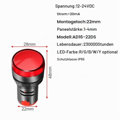 Gebildet Pack of 10 22mm Indicator Light AC/DC 12-24V LED Flush Panel Mount (Red/Green/Blue/Orange/White, Each Color Pack of 2) Multicolored