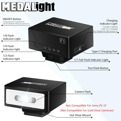 MEDALight F1 Mini Camera Flash Camera Flash Speedlite for Ricoh (GR3/GR3X,etc.) Nikon/Canon/Fuji,Digital Film Cameras,Mini hot Shoe Flash for DSLR Camera（Not Compatible for Sony ZV-1F. Black