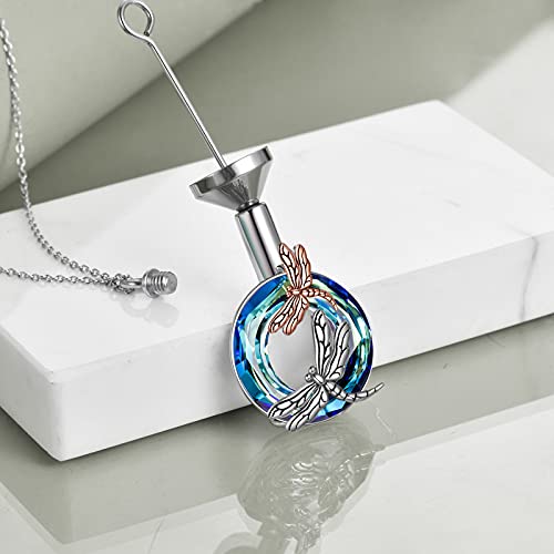 POPLYKE Dragonfly Urn for Ashes Sterling Silver Crystal Dragonfly Urn Pendant Necklace Cremation Jewelry Gifts for Human Pets (Blue)