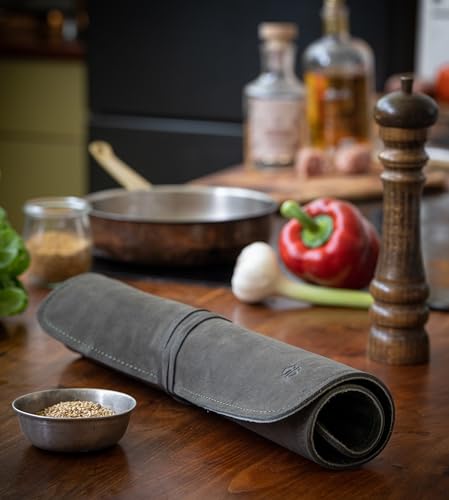 Angus Stoke Knife Bag for Chefs–knife Roll Bag leather 7 slots – Leather Knife Case Noah (green-olive) green-olive