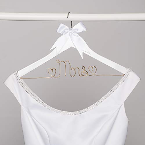 Ella Celebration Mrs Wedding Dress Hanger, Wood and Wire Hangers for Bride to be Gown (White with Light Gold Wire) White With Light Gold Wire