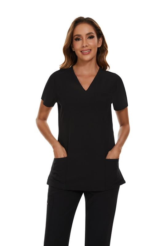 [Australia - AusPower] - Scrubs for Women Set - Stretch V-Neck Scrub Top & Jogger Pant with 8 Pockets Black Medium 
