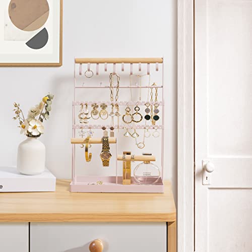 ProCase Jewelry Organizer Stand Necklace Organizer Earring Holder, 6 Tier Jewelry Stand Necklace Holder with 15 Hooks, Jewelry Tower Display Rack Storage Tree for Bracelets Earrings Rings -Pink Pink