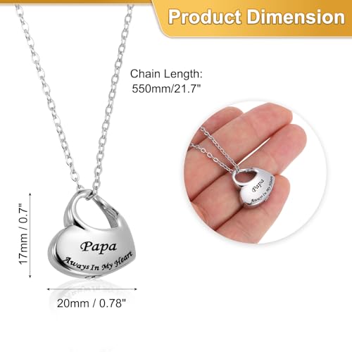 sourcing map Heart Cremation Necklace for Ashes Papa, Urn Ash Memorial Cremation Necklaces Waterproof Keepsake Pendant with Funnel Kit for Ashes of Loved Ones (Silver Tone)