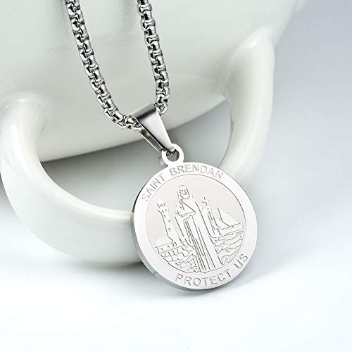 Wolentty Saint Brendan Necklace - 1" Stainless Steel Catholic St. Brendan Medal Pendant with 22" Chain Silver