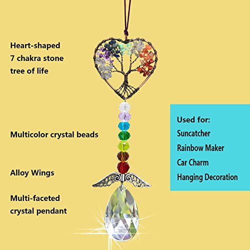 Healing Crystal Decor Tree of Life Car Hanging Accessories Suncatcher with Wings 7 Chakras Window Wall Hanging Decor Meditation Ornaments Home Decoration Heart