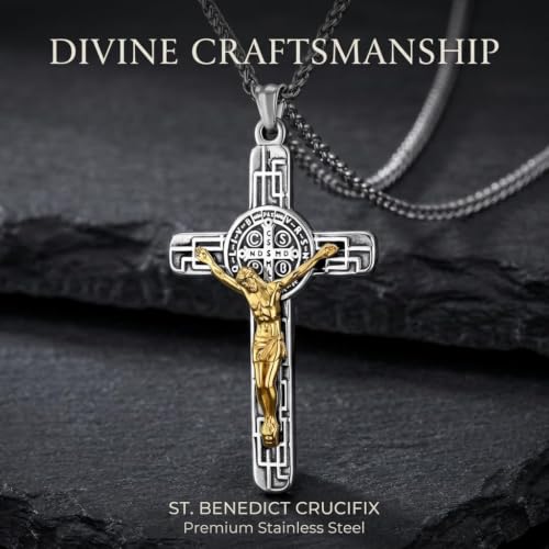 St Benedict Crucifix Necklace Stainless Steel Gold Tone Catholic Gift