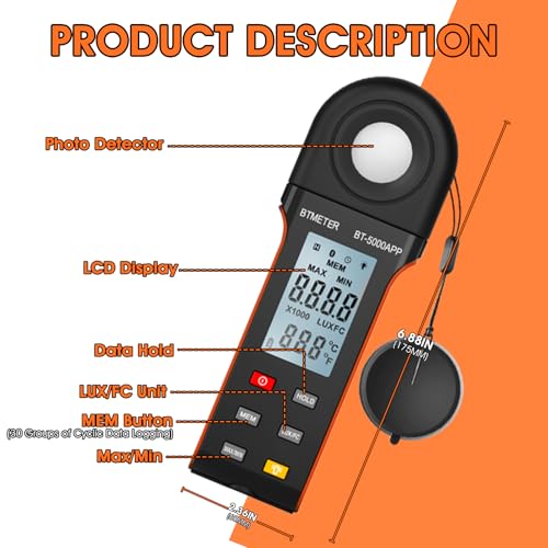 BTMETER orange illuminance light meter with Bluetooth and digital lumen photometer display
