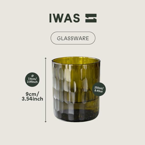 IWAS Upcycled Small Honeycomb Textured Drinking Glasses, Short, 8.45 oz / 250 ml, Set of 4 Olive Green Glasses, Handcrafted Sustainable Glassware Short 8.45 oz (Set of 4)