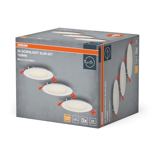 Osram Recessed luminaire set with integrated driver, narrow 3 x 120 mm, 3000 K in white, plastic, IP20 protection for various interior applications, including mounting accessories | Downlight Slim Set, Spot Lights and Ceiling Spots, White, 120 mm Diame...