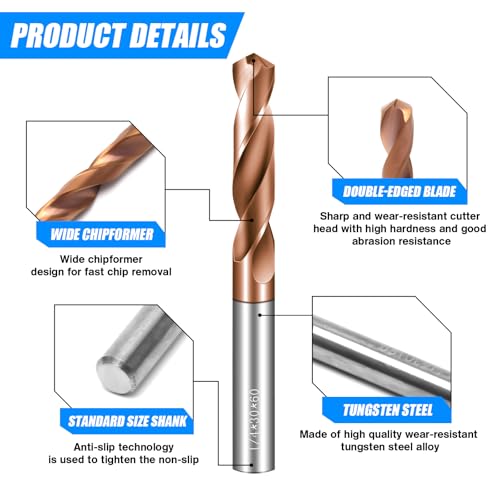 HOYUSK 3/16-inch solid carbide jobber drill bit set, 2 pieces with TISIN coating for metal drilling