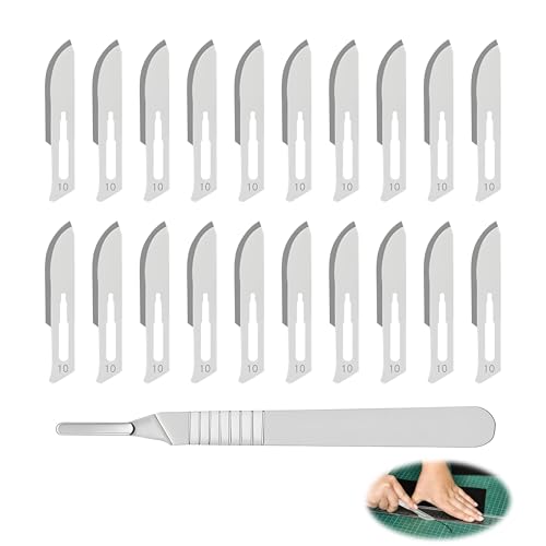 Pack of 20 Scalpel Blades No.10 with Scalpel Holder Stainless Steel No. 3 Sterile | Disposable carbon steel blades, extremely sharp cutting edge, individually wrapped, suitable for crafts, model making, hobby