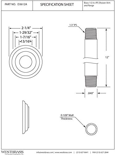 Westbrass 1/2" IPS x 12" Ceiling Mounted Shower Arm with Flange, Oil Rubbed Bronze, D3612A-12 1 Pack