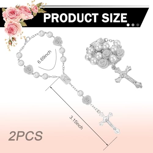2 PCS Car Rosary Rearview Mirror, Personalized Blessing Rear View Mirror Hanging Decors, Rose Cross Rosary Car Interior Decor, Universal for Most Cars (White) 2 PCS White