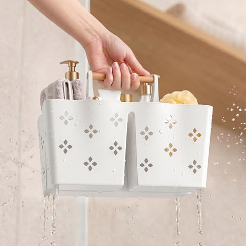 GVY Plastic Shower Caddy Portable, Large Capacity Shower Basket with Handle, Divided Bathroom Toiletry Organizer, Quick-Drain Shower Caddy for College Dorm Beach Kitchen Essentials, White.