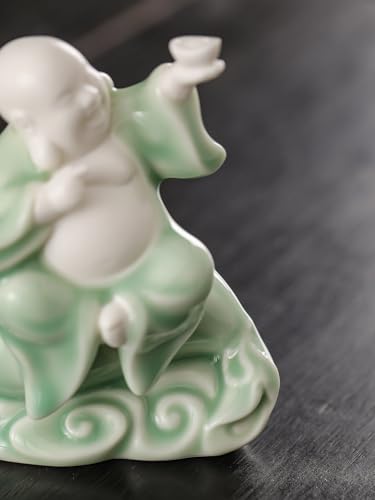 Small Green Laughing Buddha Statue for Good Luck, Ceramic Happy Buddha Statue Indoor for Home Decor, 4.5 inch Holding Ingot Pose 4.5" G – Holding Ingot