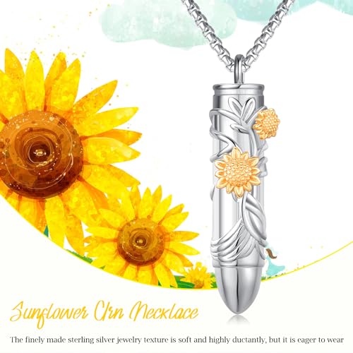 Bullet Urn Necklace for Ashes Cremation Jewelry 925 Sterling Silver Sunflower Pendant Necklace Memorial Keepsake Pendant