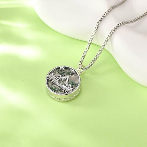 YAFEINI Mountain Urn Necklaces for Ashes 925 Sterling Silver Moss Agate Cremation Pendant Cremation Jewellery Gifts for Women Men