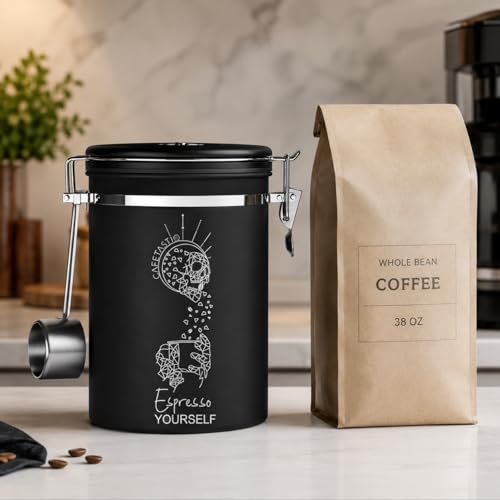 Large Coffee Canister – Airtight Stainless Steel Storage Container with Date Tracker & Scoop, Sealed Jar for Grounds, Beans, Tea, Flour, Cereal, and Sugar (Black Esspresso, 38OZ) Black Esspresso