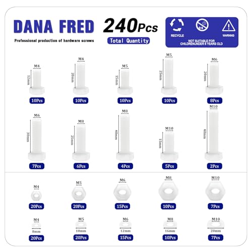 DANA FRED white nylon metric hex bolt, nut and washer kit assortment for PCB boards, 216 pieces