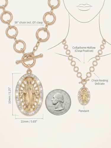 Virgin Mary Necklace Gold with OT Chain, 925 Sterling Silver Miraculous Medal Necklace for Women, Catholic Jewelry Virgin Mary Pendant Mother Mary Necklace Religious Gift Gold-010