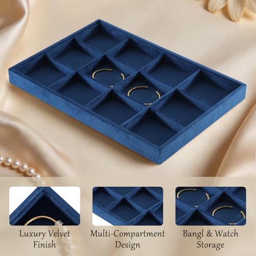 Jewelry Organizer Tray, Velvet Bracelet Display, Premium Jewelry Tray, Luxury Bangle Organizer,Blue Watch Tray A-Blue 12 Grid Tray