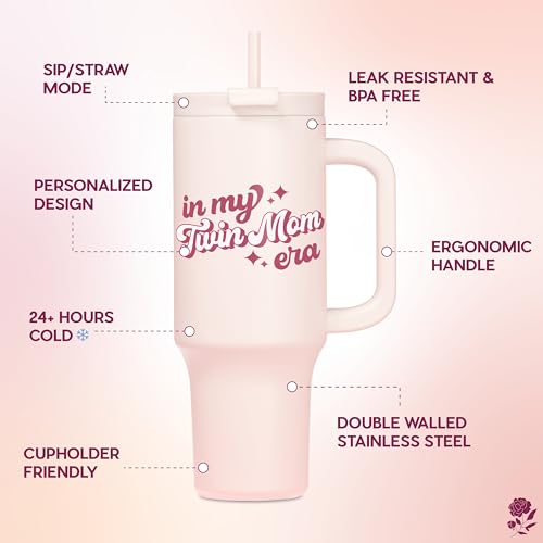 Violet & Gale Twin Mom Gifts - Retro Collection - 40oz Insulated Tumbler with Handle, Twin Mama Coffee Mug Water Bottle, In My Era Cup for Mothers Day