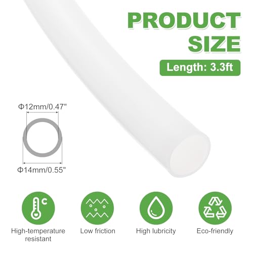 sourcing map 1M/3.3ft PTFE Tube, 12mm ID x 14mm OD Low Friction Heat Resistant PTFE Tubing for Most Drive Extruder 3D Printer Filament(White) White