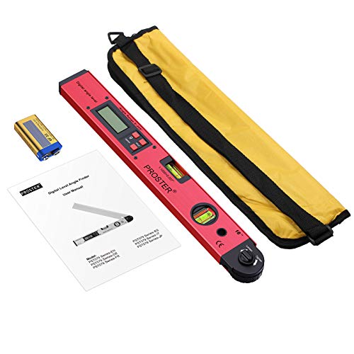 Proster Digital Protractor 0-225° Digital Protractor with Spirit Level and LCD Lighting 400 mm / 16 Inch Protractor with Battery and Bag for Roofing Technology - Red