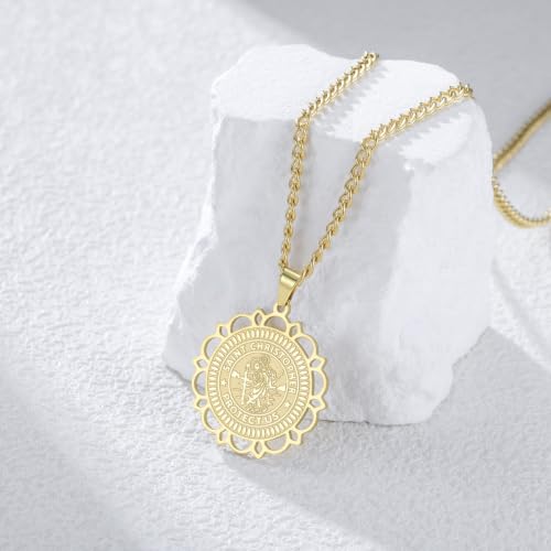UNIFT Saint Christopher Medal Necklace for Women Men Stainless Steel Hollow Floral Border St Christopher Protect Us Pendant Driver Traveler Hikers Protection Amulet gold