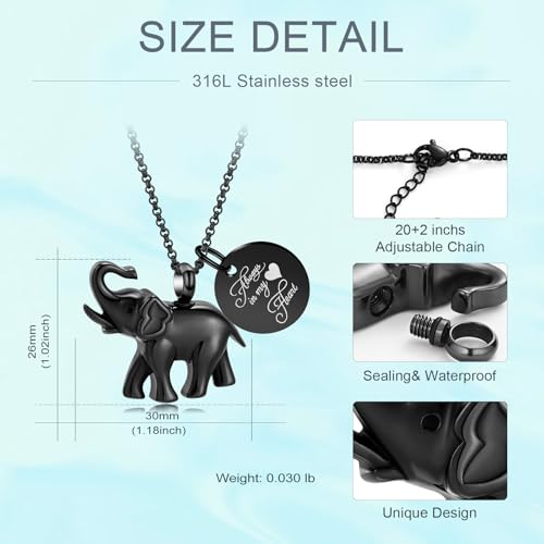 Urn Necklace for Ashes Elephant Cremation Jewelry for Human Pet Ashes Keepsake Memorial Urn Pendant Locket for Women Men Black