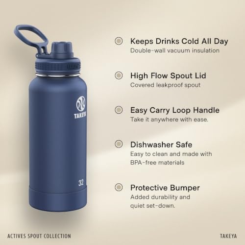 Takeya Actives 64 oz Vacuum Insulated Stainless Steel Water Bottle with Spout Lid, Premium Quality, Onyx 64 Ounces