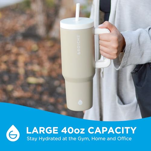 GROSCHE Aspen Insulated Tumbler with Handle and Straw, Sand Beige, 40 oz 40 Ounces