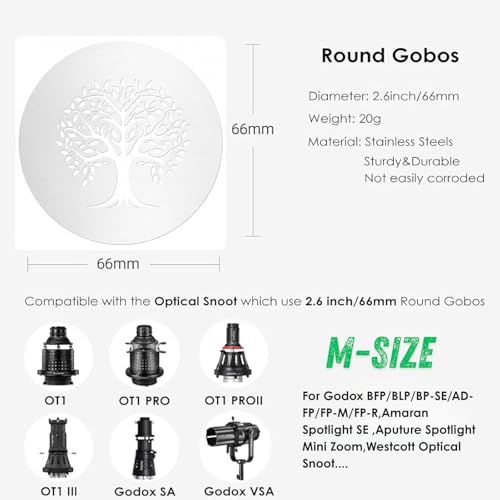 15Pcs Photography Spotlight GOBO Set, 2.6" (66mm) Aluminum Pattern Plates for Optical Snoot, Fits Godox/Westcott/Aputure Spotlight SE/Mini Zoom, Westcott, LS-38 COB Lights for TikTok & Studio Shoots 66mm/2.6inches 15P-Gobos-Oval