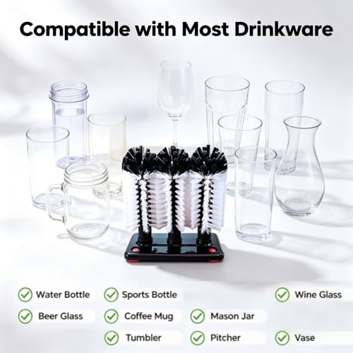 Etmdoeve 2-pack glass cup washer brush with suction base and three-brush bottle cleaner