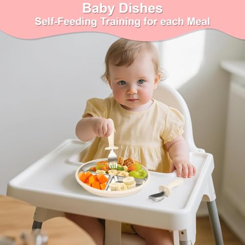 Bella's Friends Life Baby Feeding Set, 2 Pack Stainless Steel Divided Plate with Silicone Suction, 2 Set Spoons and Forks, BPA Free, Dishwasher Safe, Baby Led Weaning Supplies, Toddler Utensils beige, green 8 Inch
