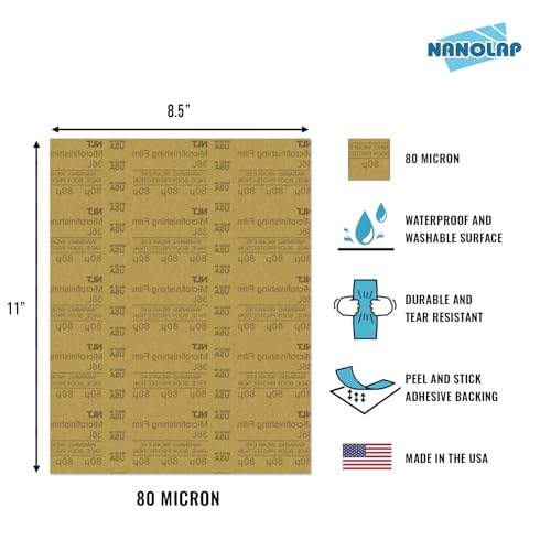 NANOLAP PSA microfinishing film, 80 micron 180 grit adhesive polishing paper, 5 pieces, 8.5 x 11 inches