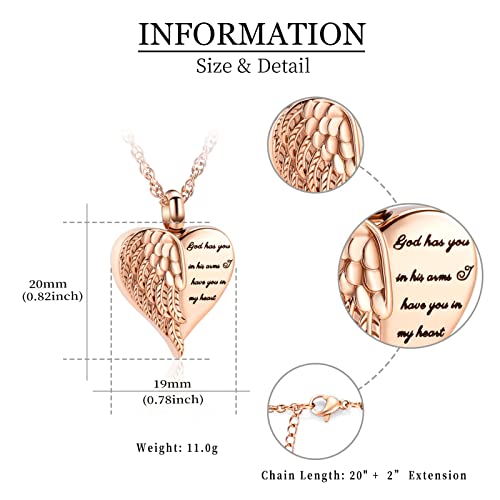 shajwo Cremation Heart Urn Necklace Ashes Jewelry for Women Men Keepsake Pendant Memorial Locket Ash Holder Wing-Rose Gold