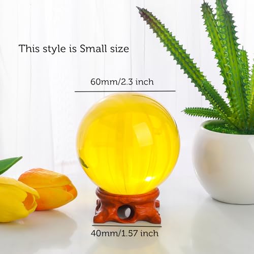 Yellow Small Crystal Ball 60mm/2.3 inch with Rose Wooden Stand for lensball Yellow-60mm