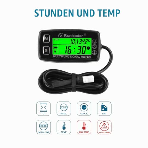 Runleader RL-HM035A-M5 Speedometer Urenteller Motor Temperature Display | With mounting bracket, alarm RPM & Temp, backlit display, for lawn tractors, compressors, generators, snowmobiles