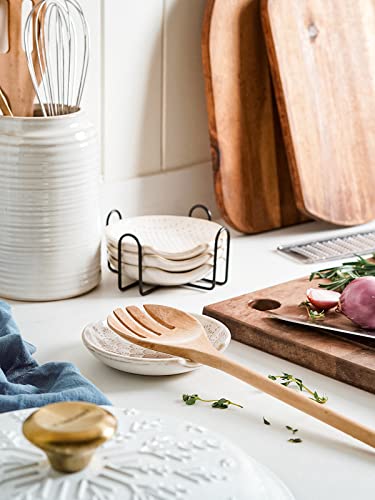 LE TAUCI Ceramic Spoon Rests for Stove Top with Holder, Set of 4 Farmhouse Spoon Holder for Kitchen Counter, 4.8 Inch Heat Resistant Utensil Rest for Cooking & Coffee Bar, Embossed, White Mix+Holder
