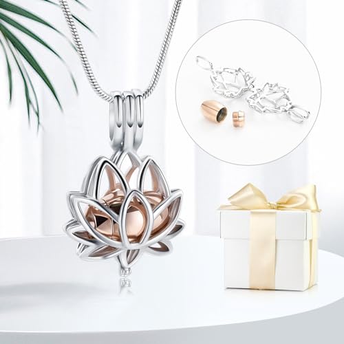 Cremation Jewelry for Ashes Pendant - Lotus Urn Necklace with Mini Keepsake Urn Memorial Ash Jewelry For Women Men Silver-Rose Gold