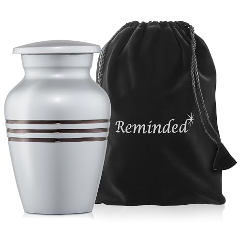Reminded Small Cremation Memorial Urn for Human Ashes, Silver with Black Striped Miniature Keepsake Urn with Velvet Case Silver Stripes