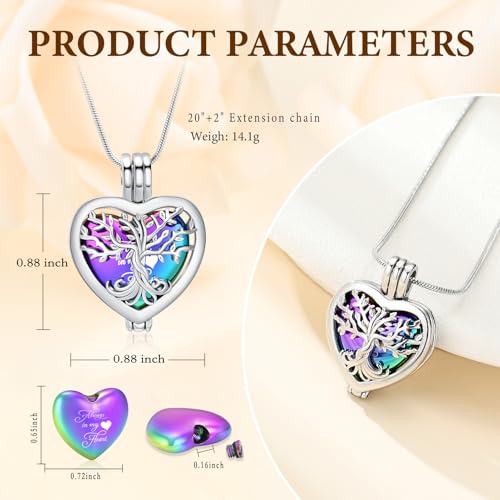 Tree of Life Cremation Jewelry for Men Women - 2 Pcs Cylinder & Heart Urn Necklaces for Ashes Stainless Steel Memorial Keepsake Pendant for Human Pet Ashes Rainbow